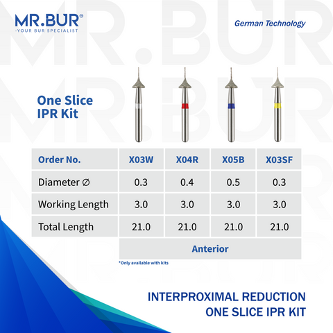 The image showing four variants of nterproximal Reduction dental bur (IPR) for aligner and invisalign that is sold by Mr. Bur worldwide, with head size of 0.3mm, 0.4mm and 0.5mm.