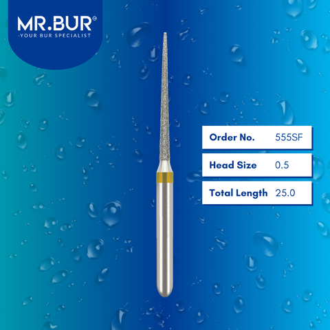 Mr. Bur 555SF Super Fine Finishing Super Needle Diamond Bur FG are tools used in multiple dental procedures. Their super needle heads are ideal for effective interproximal reduction, orthodontic treatment, and polishing/finishing/high shine.