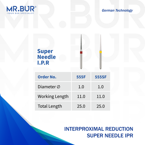 The image showing two variants of Mr. Bur Interproximal Reduction Super Needle IPR Bur ensures precise enamel reduction, enhancing orthodontic space creation and treatment efficiency.