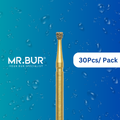 Optimize dental care with Mr. Bur 30 pcs Gold Inverted Cone Diamond Bur FG for anterior/posterior teeth, caries removal, cavity and crown prep, endo access, amalgam filling, prophylaxis, and trimming.