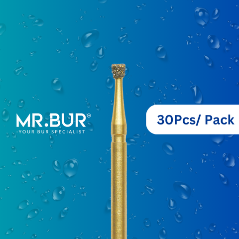 Optimize dental care with Mr. Bur 30 pcs Gold Inverted Cone Diamond Bur FG for anterior/posterior teeth, caries removal, cavity and crown prep, endo access, amalgam filling, prophylaxis, and trimming.