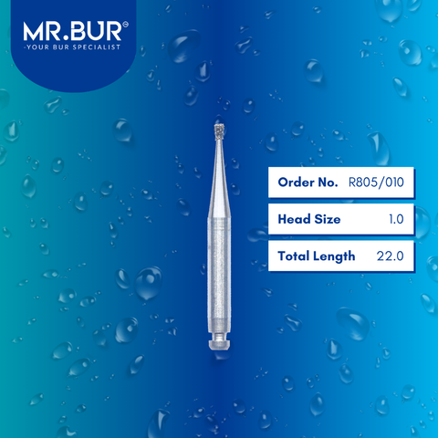 Mr. Bur R805/010 Contra Angle Inverted Cone Diamond Bur RA are tools used in multiple dental procedures, ideal for making undercuts, removing excess solder, cavity and tooth preparation, suitable for anterior and posterior teeth, caries removal, filling with amalgam, removing decay and debris, trimming, and preparation.