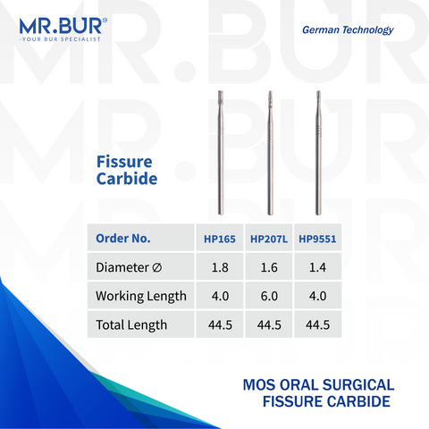 Image showing three variants of Mr. Bur MOS Oral Surgical Fissure Carbide Bur ensures precise, efficient bone cutting and sectioning for oral surgery, enhancing accuracy and procedural control, with head size of 1.4mm 1.6mm 1.8mm.