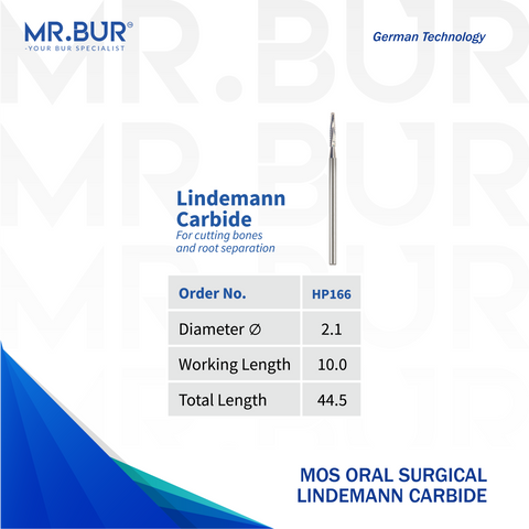 Image showing the Mr. Bur MOS Oral Surgical Lindemann Carbide Bur HP166 provides precise bone cutting and sectioning for oral surgery, ensuring optimal control and efficiency, with a head size of 2.1mm.