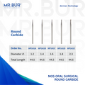 Image showing five variants of Mr. Bur MOS Oral Surgical Round Carbide Bur HP ensures precise, efficient bone cutting for oral surgery, enhancing accuracy, control, and procedural outcomes, with head size of 1.2mm, 1.4mm, 1.6mm, 1.8mm and 2.3mm.