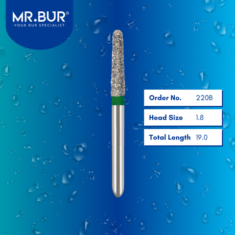 Mr. Bur 850 mini tapered round end diamond bur 220B are tools used in multiple dental procedures. ISO 806 313 198 534 018 FG, Their mini tapered round end heads are ideal for for effective crown and bridge preparation, chamfer margin preparation, and trimming and preparation for all composite materials with limited mouth opening.