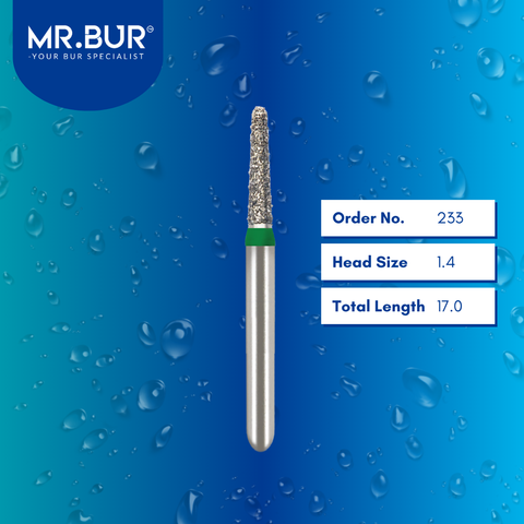 Mr. Bur 849 mini tapered round end diamond bur 233 are tools used in multiple dental procedures. ISO 806 313 197 534 014 FG, Their mini tapered round end heads are ideal for for effective crown and bridge preparation, chamfer margin preparation, and trimming and preparation for all composite materials with limited mouth opening.