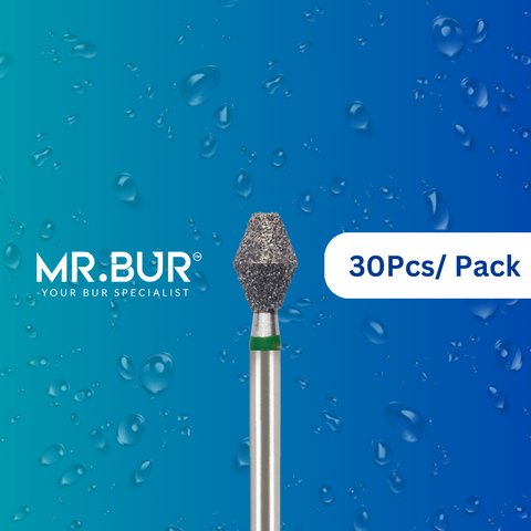 Optimize dental care with Mr. Bur 30 pcs Occlusal Surface Reduction Mini Double Cone Coarse Diamond Bur FG for crown prep, occlusal surface, lingual reduction, model fabrication, prosthodontic, restorative, and pediatric use.