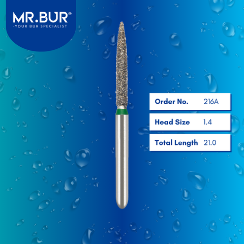 Mr. Bur 863 mini flame diamond bur 216A are tools used in multiple dental procedures. ISO 806 313 250 534 014 FG, Their mini flame heads are ideal for cavity preparationand easily remove decayed portions of a tooth to prepare it for a filling or a crown with limited mouth opening