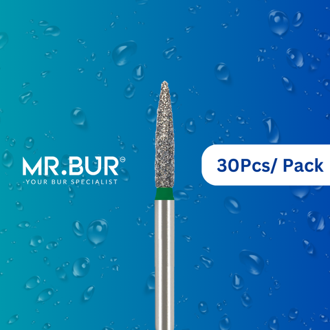 Enhance dental care with Mr. Bur 30 pcs Mini Flame Coarse Diamond Bur FG for cavity prep, crown & bridge prep, tangential prep, trimming, occlusal incisor reduction, chamfer margin, prosthodontic, restorative work, and pediatric use.