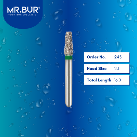 Mr. Bur 845R mini tapered flat end inlay onlay diamond bur 245 are tools used in multiple dental procedures. ISO 806 313 544 534 021 FG, Their mini tapered flat end heads are ideal for for effective crown and bridge preparation, shoulder margin preparation, and inlay onlay preparation with limited mouth opening