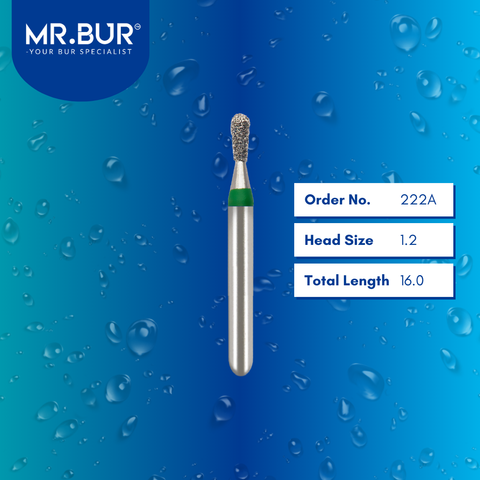 Mr. Bur 809 mini pear diamond bur 222A are tools used in many dental procedures. ISO 806 313 232 534 012 FG, Their mini pear heads are ideal for for different purposes, including removing decayed material, shaping and refining dental restorations, polishing and smoothing dental surfaces that have limited mouth opening.