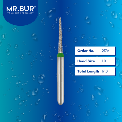 Mr. Bur 858 mini pointed cone diamond bur 217A are tools used in multiple dental procedures. ISO 806 313 165 534 010 FG, Their mini pointed needle heads are ideal for crown preparation, proximal axial reduction, and interproximal with limited mouth opening