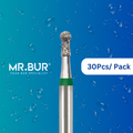 Mr. Bur 30pcs mini round ball with collar coarse FG is ideal for prophylaxis, open access, orthodontics, oral surgery, cavity prep, fillings, crown prep, implantology, and pediatric use.