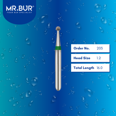 Mr. Bur 801 mini diamond round bur 203 are tools used in many dental procedures. ISO 806 313 534 012 FG, Their mini round heads are ideal for excavating small tissue during cavity preparation, opening teeth for endodontic treatment, general cleaning of tooth structure from caries, and selective grinding for limited mouth opening.