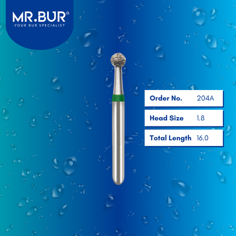 Mr. Bur 801 mini round diamond bur 204A are tools used in many dental procedures. ISO 806 313 534 018 FG, Their mini round heads are ideal for excavating small tissue during cavity preparation, opening teeth for endodontic treatment, general cleaning of tooth structure from caries, and selective grinding for limited mouth opening.