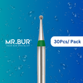 Mr. Bur 30pcs mini round ball coarse FG is ideal for anterior and posterior tooth cavity prep, crown prep, endo access, fillings, open access, prophylaxis, pediatric use, trimming, and prep.