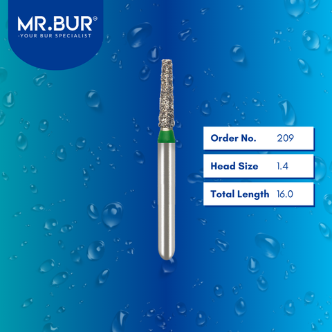 Mr. Bur 846 mini tapered flat end diamond bur 209 are tools used in multiple dental procedures. ISO 806 313 171 534 014 FG, Their mini  tapered flat end heads are ideal for for effective crown and bridge preparation, shoulder margin preparation with limited mouth opening
