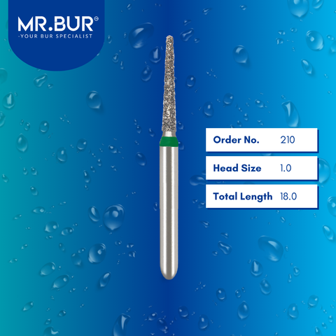 Mr. Bur 847 mini tapered flat end diamond bur 210 are tools used in multiple dental procedures. ISO 806 313 172 534 010 FG, Their mini  tapered flat end heads are ideal for for effective crown and bridge preparation, shoulder margin preparation with limited mouth opening