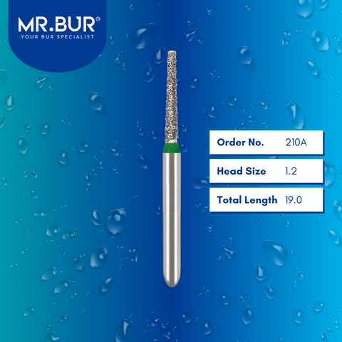 Mr. Bur 847 mini tapered flat end diamond bur 210A are tools used in multiple dental procedures. ISO 806 313 172 534 012 FG, Their mini tapered flat end heads are ideal for for effective crown and bridge preparation, shoulder margin preparation with limited mouth opening