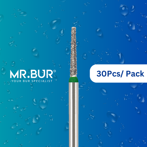 Mr. Bur 30 pcs Mini Taper Flat End Coarse Diamond Bur FG is perfect for crown prep, shoulder margin bur, prosthodontics, mini shank, and pediatric use.