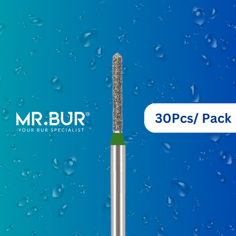 Mr. Bur 30 pcs Mini Straight Torpedo Coarse Diamond Bur FG is ideal for cavity, crown & bridge preparation, chamfer margin bur, tangential prep, trimming, prosthodontics, and pediatric use.