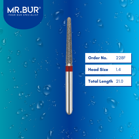 Mr. Bur 228F Fine Grit Pre-Polishing Mini Taper Round End Diamond Bur FG are tools used in multiple dental procedures. Their mini taper round end heads are ideal for effective prophylaxis, use on fillings, crown preparation, cavity preparation, chamfer margin bur, and are suitable for pediatric use.