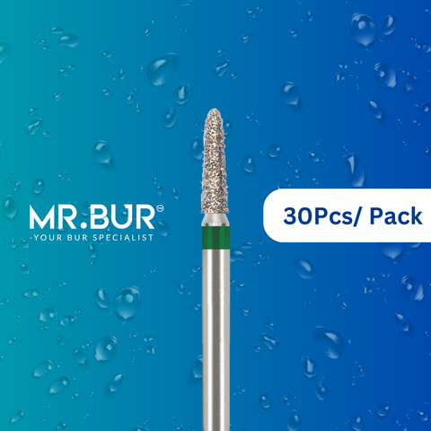 Mr. Bur 30 pcs Mini Taper Torpedo Coarse Diamond Bur FG is ideal for crown and cavity preparation, chamfer margin preparation, proximal axial reduction, lingual and buccal reduction, PFM, trimming and preparation, and is suitable for pediatric use.