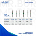 These are 6 variants of the Mini Taper Round End Coarse Chamfer FG Diamond Dental Bur that is sold by Mr Bur the best international diamond dental bur supplier the head sizes are 1.4mm 1.5mm 1.6mm 1.8mm