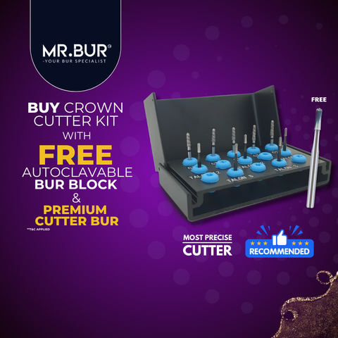 Crown cutter bur that provides the features of removing debris and rapid cutting speed with optimal heat dissipation.