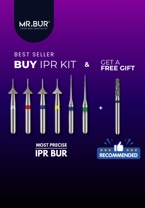 MR.BUR Interproximal Reduction Dental Bur. Available in 0.3mm, 0.4mm, 0.45mm, and 0.5mm for maximize precision and efficacy in interdental space adjustment and enamel reduction 