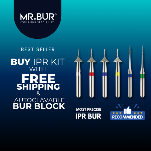 MR.BUR Interproximal Reduction Dental Bur. Available in 0.3mm, 0.4mm, 0.45mm, and 0.5mm for maximize precision and efficacy in interdental space adjustment and enamel reduction 