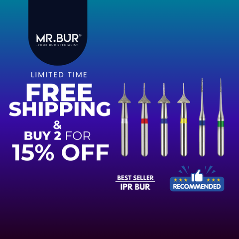 MR.BUR Interproximal Reduction Dental Bur. Available in 0.3mm, 0.4mm, 0.45mm, and 0.5mm for maximize precision and efficacy in interdental space adjustment and enamel reduction 