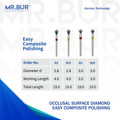 These are four variants of the Oclussal Surface Easy Composite Polishing FG Diamond Bur sold by Mr Bur the best international dental diamond bur supplier the head sizes of the dental burs are 2.8mm and 3.0mm.