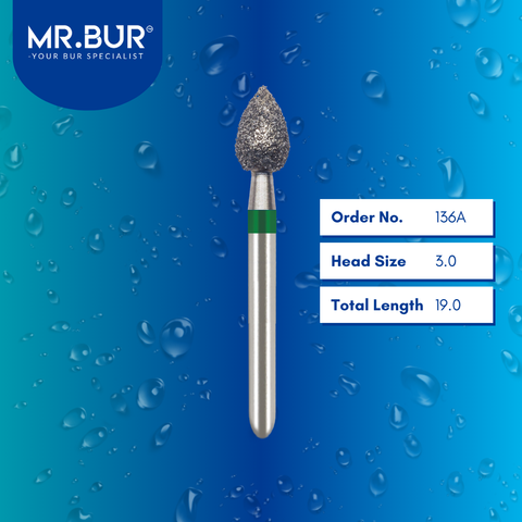 Mr. Bur 136A Occlusal Surface Reduction Peach Coarse Diamond Bur 830 FG are tools used in various dental procedures. ISO 806 314 257 534 030, Their peaches design is ideal for crown preparation, cavity preparation, occlusal reduction, lingual reduction, model fabrication, crown & bridge techniques, prosthodontic applications, and restorative treatments.