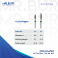 MR.BUR occlushaper dental burr with specifications on a white background
