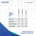 MR.BUR taper round end dental bur product with specifications on a white background