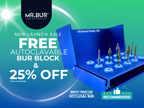 MR.BUR Occlusal Onlay Kit FG is designed to provide a precise, minimally invasive, and anatomy-driven approach for the preparation of occlusal onlays, overlays, and posterior veneers.