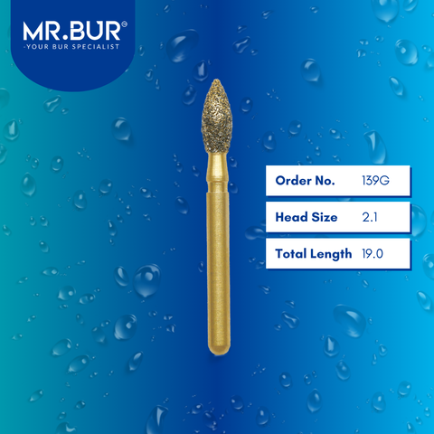 Mr. Bur 139G Gold Peaches Diamond Bur FG are tools used in multiple dental procedures, ideal for cavity preparation, crown and bridge technique, crown preparation, lingual reduction, model fabrication, occlusal reduction, and trimming and reduction.