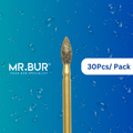 Enhance dental care with Mr. Bur 30pcs Gold Peaches Diamond Bur FG for cavity prep, crown & bridge techniques, crown prep, lingual and occlusal reduction, model fabrication, and trimming.