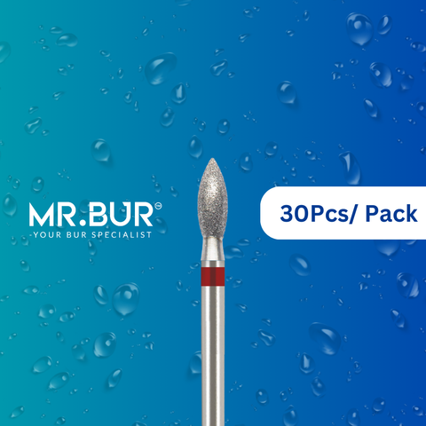 Achieve high shine with Mr. Bur's 30 pcs Fine Grit Pre-Polishing Peach Diamond Bur FG. Perfect for restorative, prosthodontics, composite polishing, occlusal incisors reduction, and finishing.