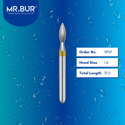 Mr. Bur 39SF Super Fine Finishing Peach Diamond Bur FG are tools used in multiple dental procedures. Their peach-shaped heads are ideal for effective restorative work, prosthodontic procedures, composite polishing, occlusal incisors reduction, and polishing/finishing/high shine.