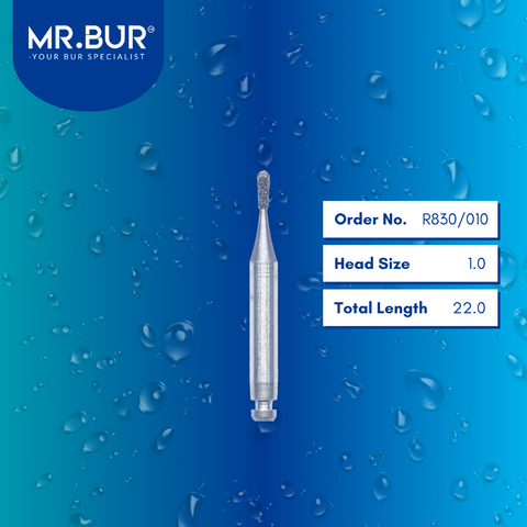 Mr. Bur R830/010 Contra Angle Pear Diamond Bur RA are tools used in multiple dental procedures, ideal for anterior and posterior teeth, cavity preparation, crown preparation, lingual reduction, open access, prophylaxis, trimming, and preparation.