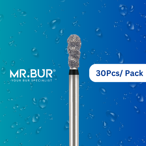 Mr. Bur's 30 pcs Spiral Cool Cut Super Coarse Pear Diamond Bur FG is ideal for prophylaxis, fillings, crown cutting, cavity prep, occlusal reduction, old filling removal, and pediatric cases.