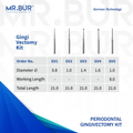 Image showing five variants of Mr. Bur Gingivectomy Bur Kit, is ideal for fine-tuning soft tissue, subgingival caries treatment, and using heat to cauterize gums and control bleeding during gingivectomy, with head size of 0.8mm 1.0mm 1.4mm 1.6mm.