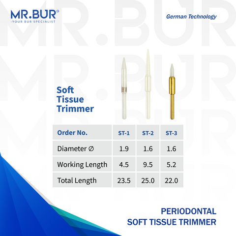 Image showing three variants of the best Mr. Bur Ceramic Bur for Soft Tissue Trimming Bur FG ensures precise cutting, reduced trauma, and faster healing in dental procedures with head size between 1.6mm and 1.9mm.