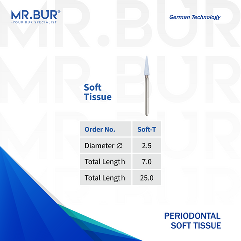 This image shows Mr. Bur Periodontal Soft Tissue Burs are essential for precise soft tissue contouring and removal in periodontal and surgical procedures with a head size of 2.5mm.