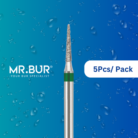 Optimize dental care with Mr. Bur 5 pcs Pointed Cone Coarse Diamond FG for prophylaxis, crown prep, model fabrication, casting, veneer & ceramic techniques, and interproximal trimming.