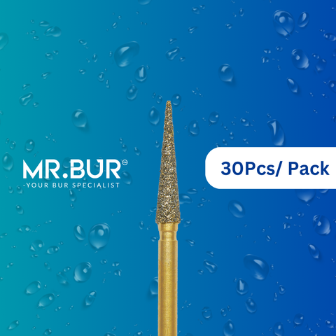 Enhance dental care with Mr. Bur 30pcs Gold Pointed Cone Diamond Bur Short FG for crown & bridge techniques, crown prep, interproximal, model casting, PFM material, prophylaxis, trimming, and veneer techniques.