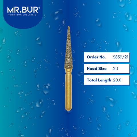 Mr. Bur S859/21 Gold Pointed Cone Diamond Bur Short FG are tools used in multiple dental procedures, ideal for crown and bridge technique, crown preparation, interproximal work, model casting and fabrication, PFM material, prophylaxis, trimming and preparation, and veneer and ceramic technique.